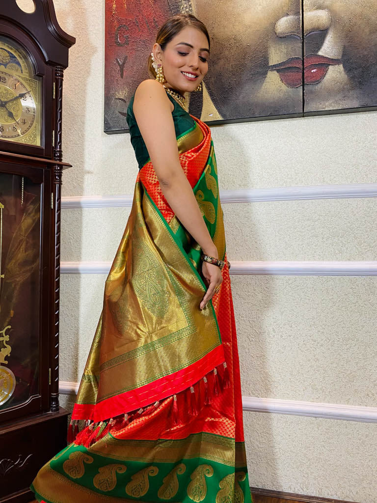 Scarlet Red Kanjeevaram Silk Banarasi Handloom Saree