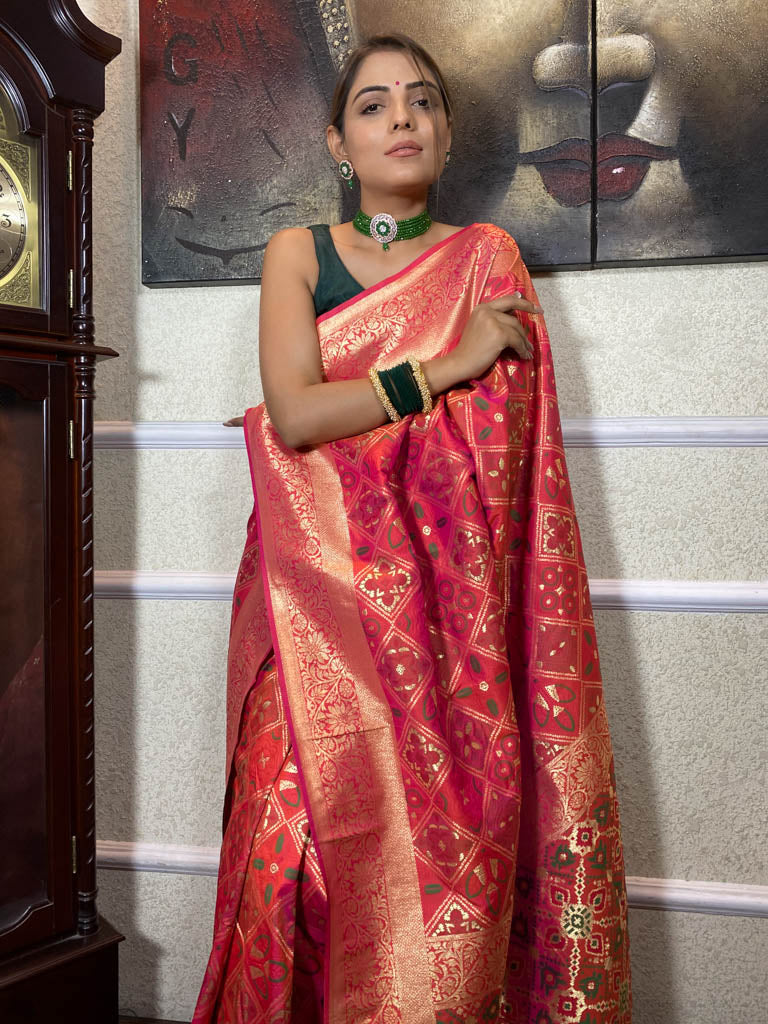 Carrot Red Katan Silk Patola Saree