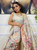 Oyster Tan Organza Silk Saree