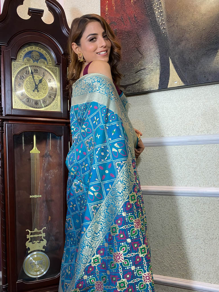 Cerulean Blue Katan Silk Patola Saree