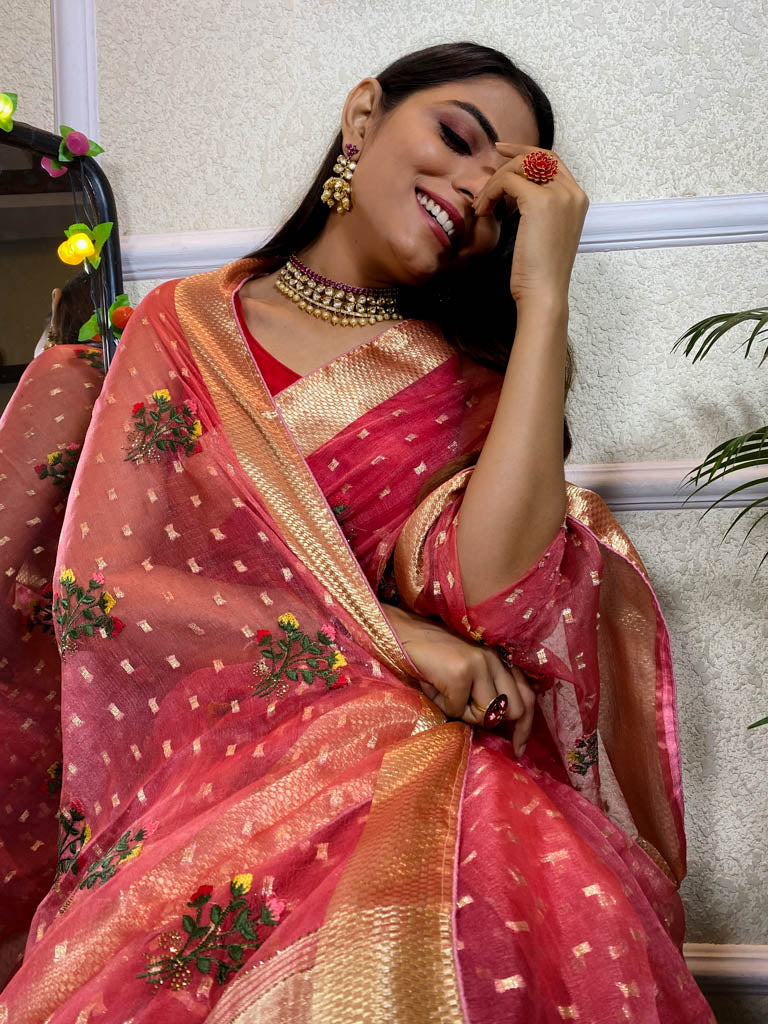 Onion Pink Organza Silk Saree