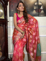 Carrot red Woven Cotton Silk Saree