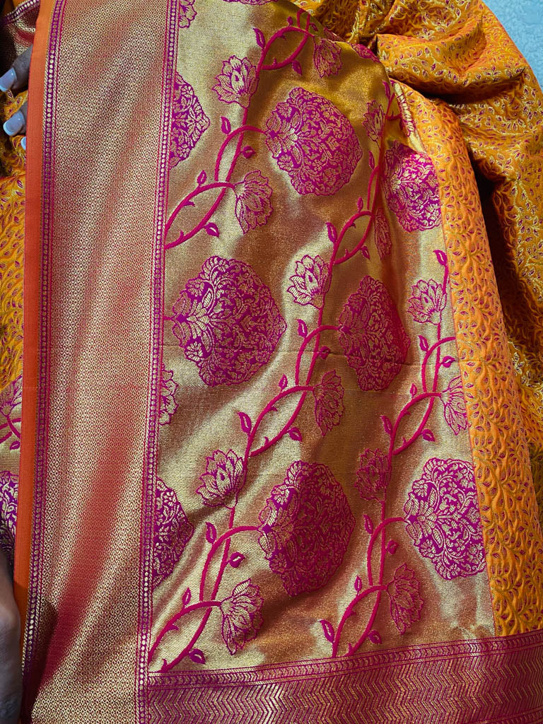Mustard Gold Katan Silk Banarasi Handloom Saree