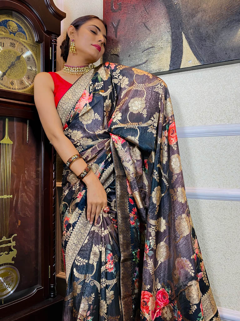 Spruce Blue Designer Banarasi Silk Saree