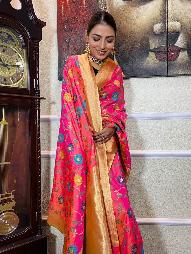 Carrot Pink Banarasi Silk Saree