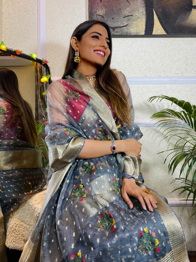 Smoky Grey Organza Silk Saree