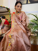 English Brown Organza Crape Silk Saree