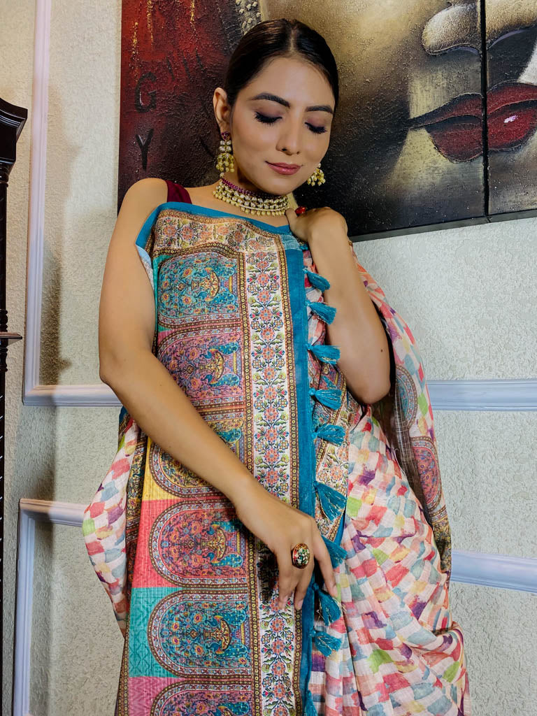 Multi Shade Linen Sequined Saree