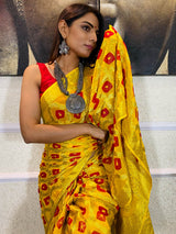Sacred Yellow Red Georgette Bandhej Saree