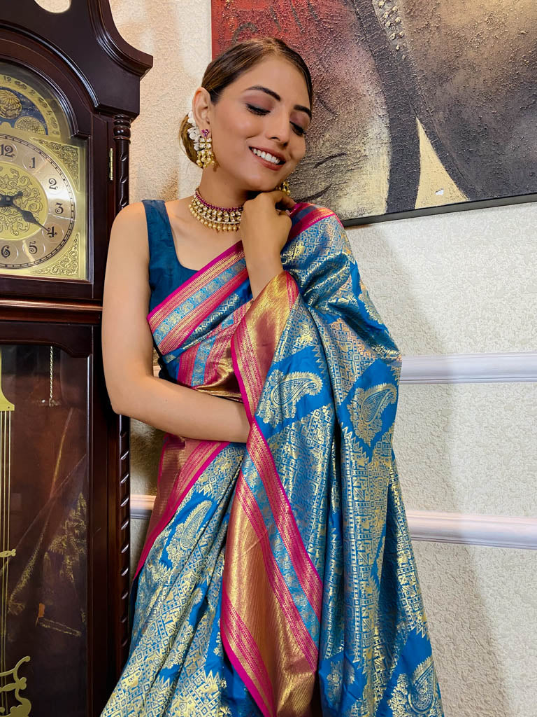 Azure Blue Kanjeevaram Silk Banarasi Handloom Saree