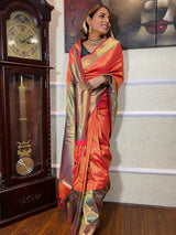 Carrot Orange Katan Silk Banarasi Handloom Saree