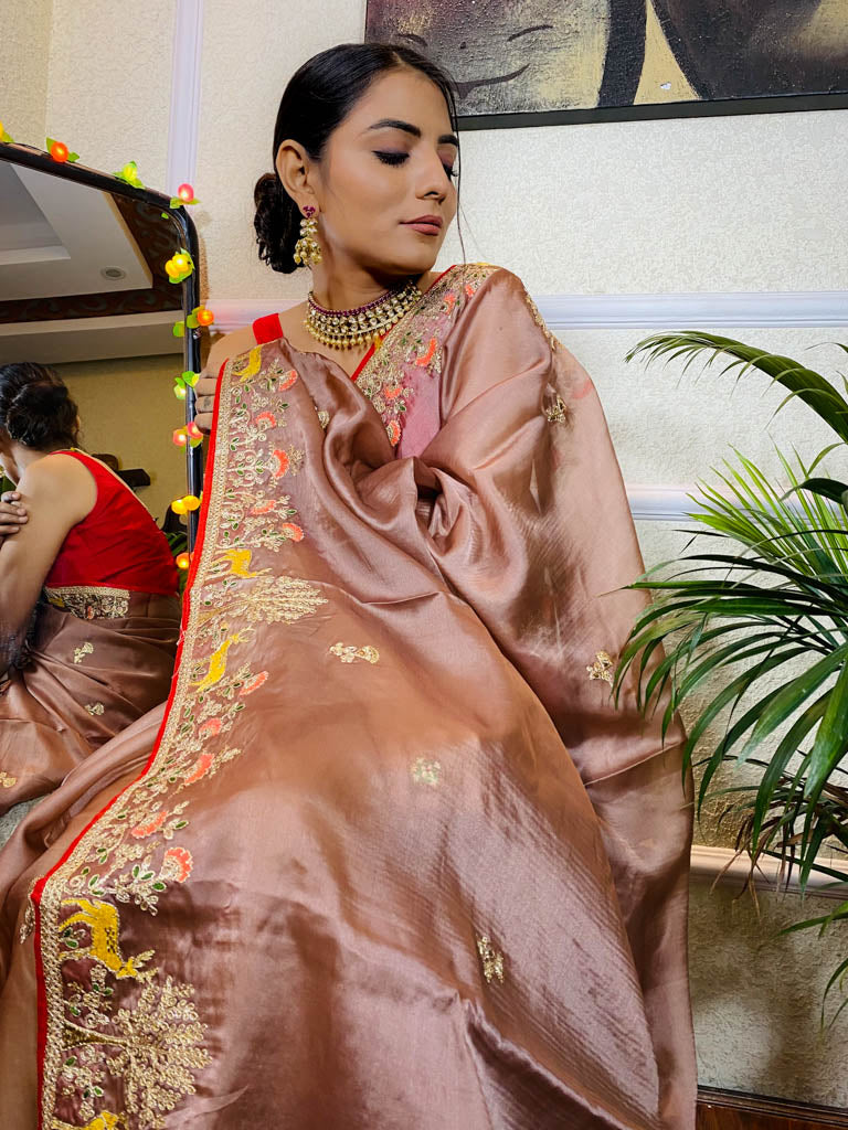 English Brown Organza Crape Silk Saree