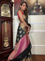 Midnight Black Woven Cotton Silk Saree