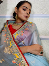 Ocean Blue Organza Crape Silk Saree