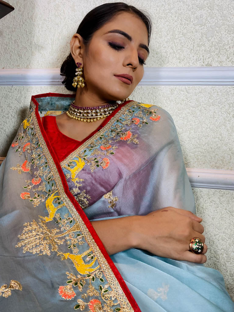 Ocean Blue Organza Crape Silk Saree