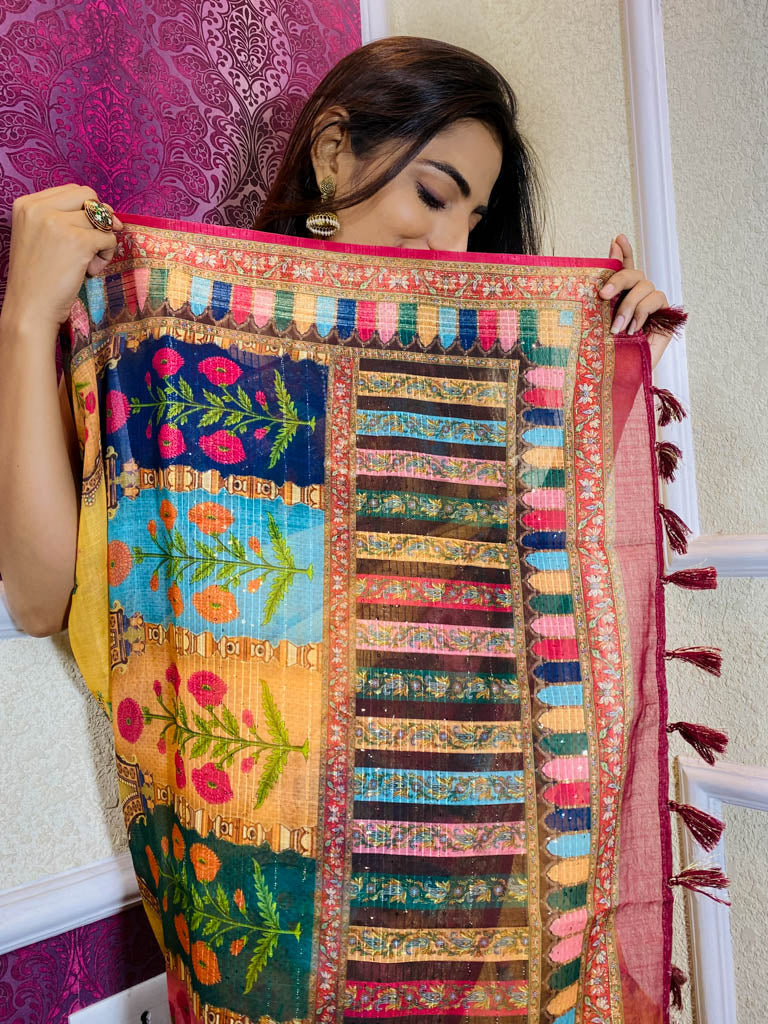 Tuscan Yellow Linen Sequined Saree