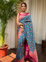 Cerulean Blue Patola Silk Saree