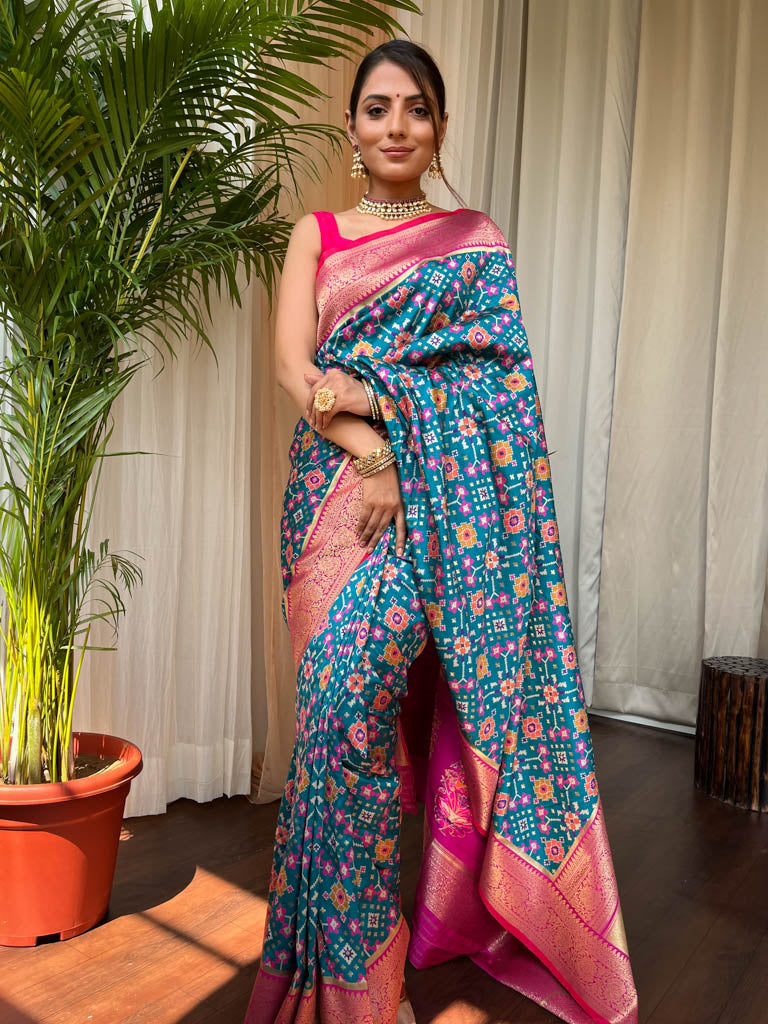 Cerulean Blue Patola Silk Saree