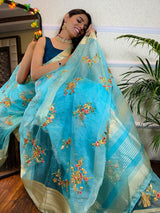 Arctic Blue Organza Silk Saree