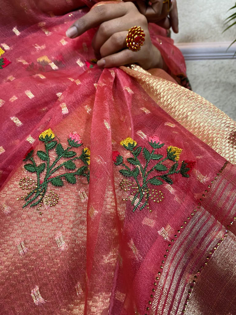Onion Pink Organza Silk Saree
