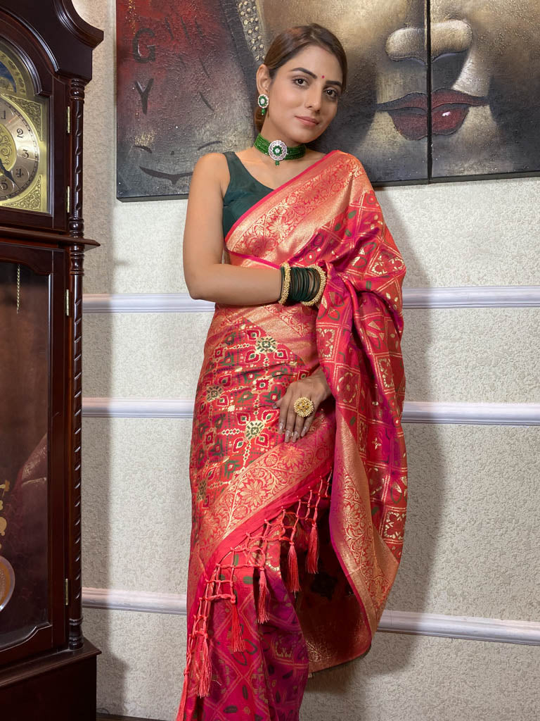 Carrot Red Katan Silk Patola Saree