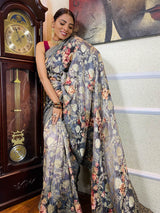 Fossil Grey Designer Banarasi Silk Saree