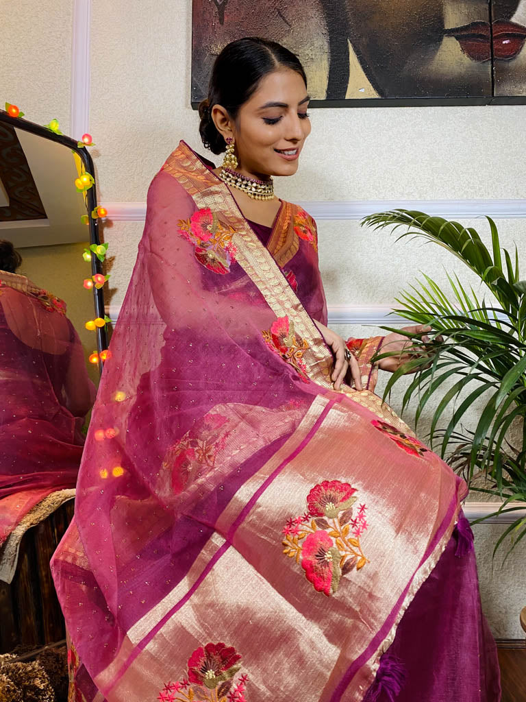Magenta Purple Organza Silk Saree