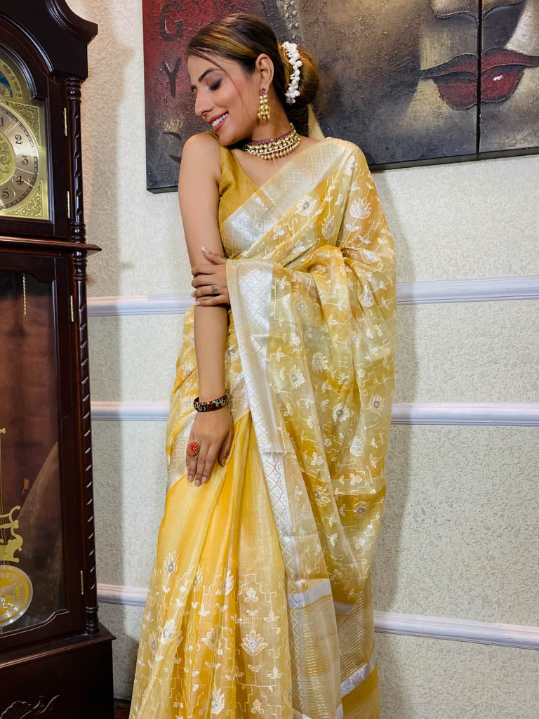 Daffodil Yellow Tissue Linen Saree