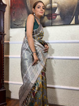 Midnight Grey Kalamkari Handloom Tussar Silk Saree