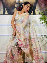Oyster Tan Organza Silk Saree