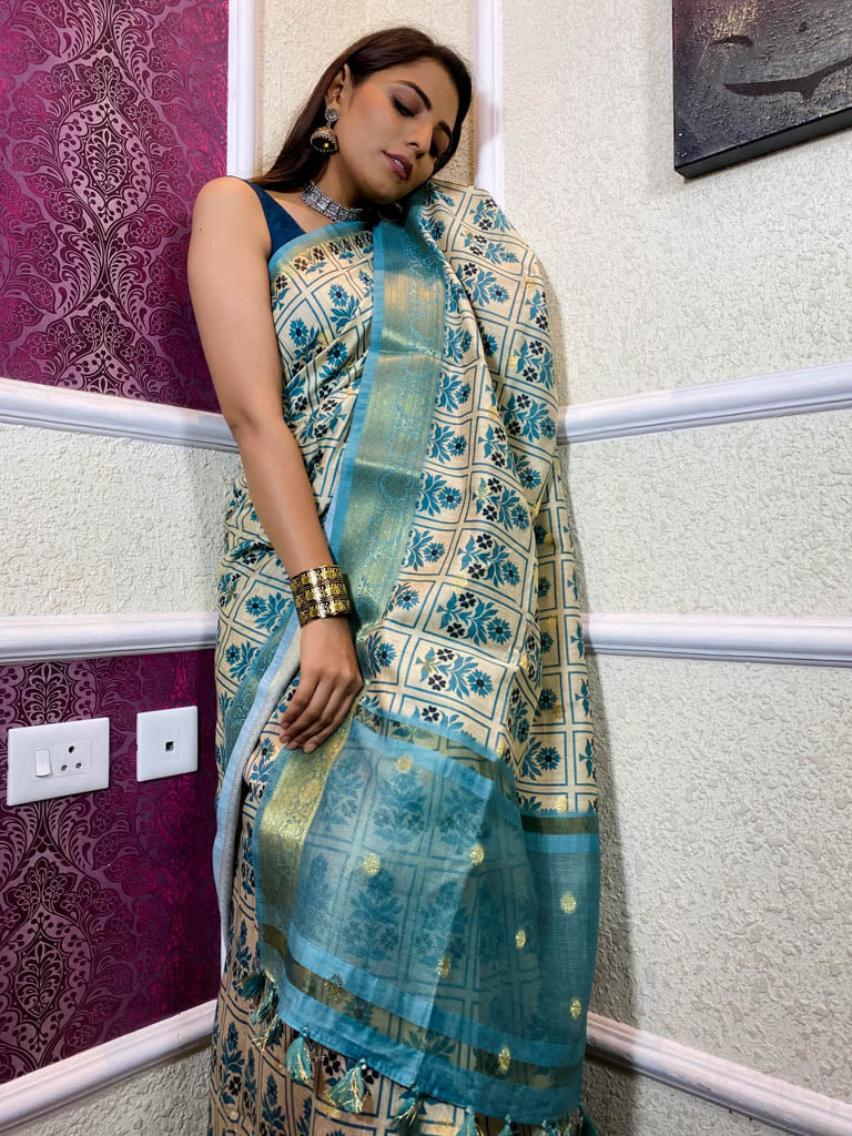 Cream White Uppada Cotton Silk Saree