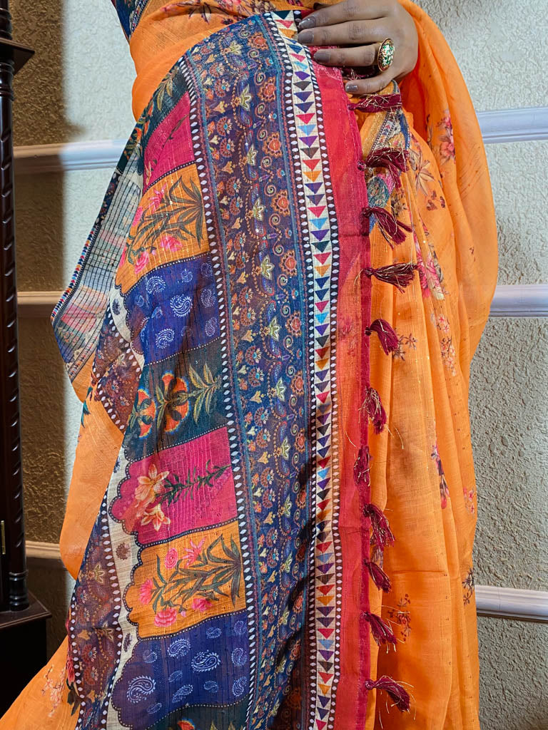 Apricot Orange Linen Sequined Saree