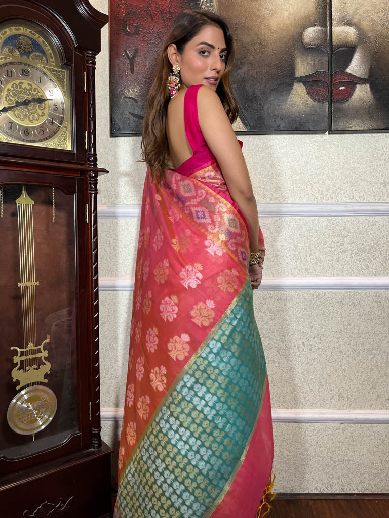 Carrot red Woven Cotton Silk Saree