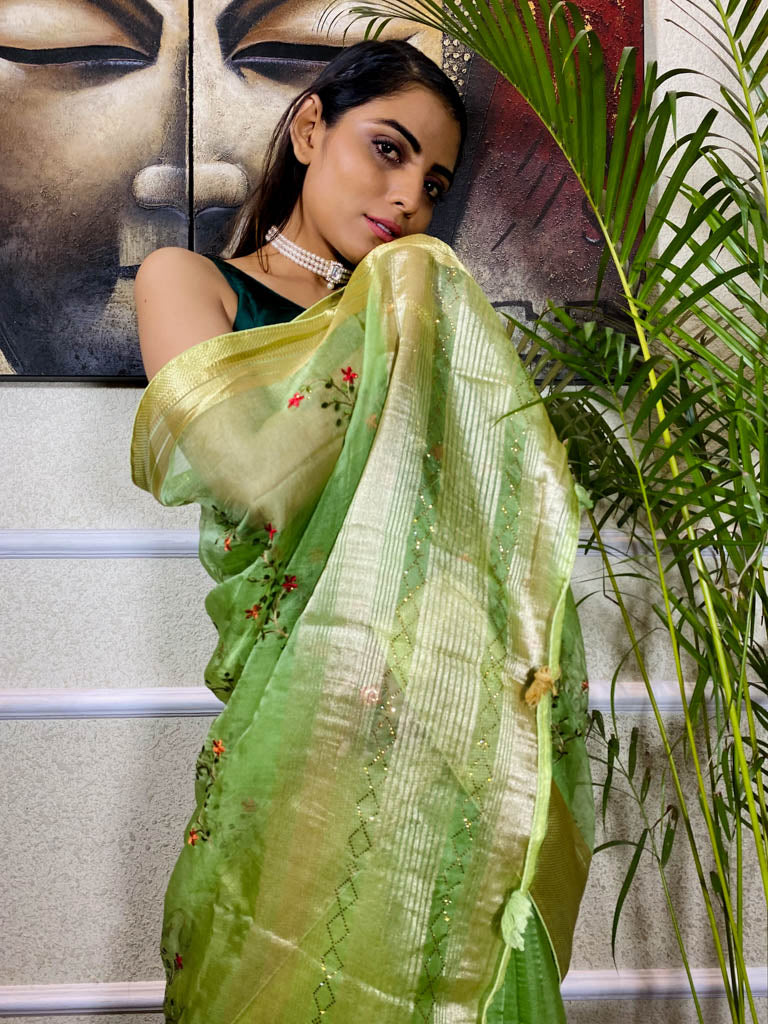 Parakeet Green Organza Silk Saree