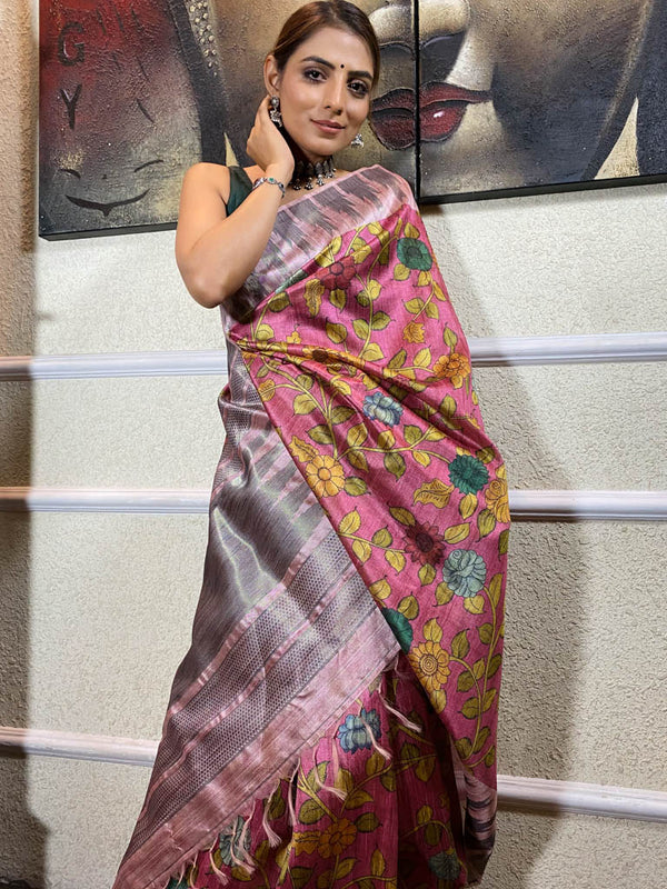 Onion Pink Kalamkari Handloom Tussar Silk Saree
