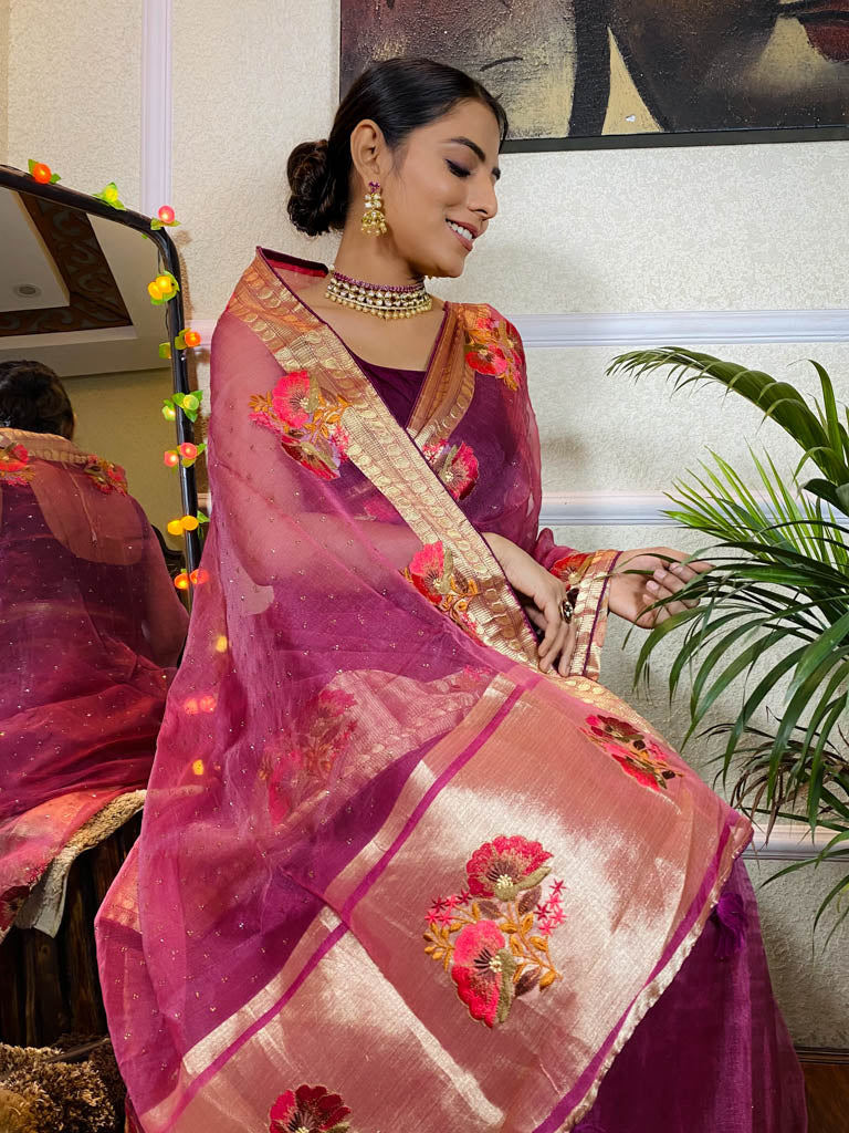 Magenta Purple Organza Silk Saree