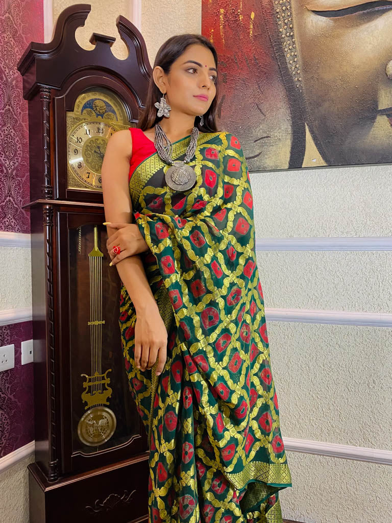 Bottle Green Georgette Bandhej Saree