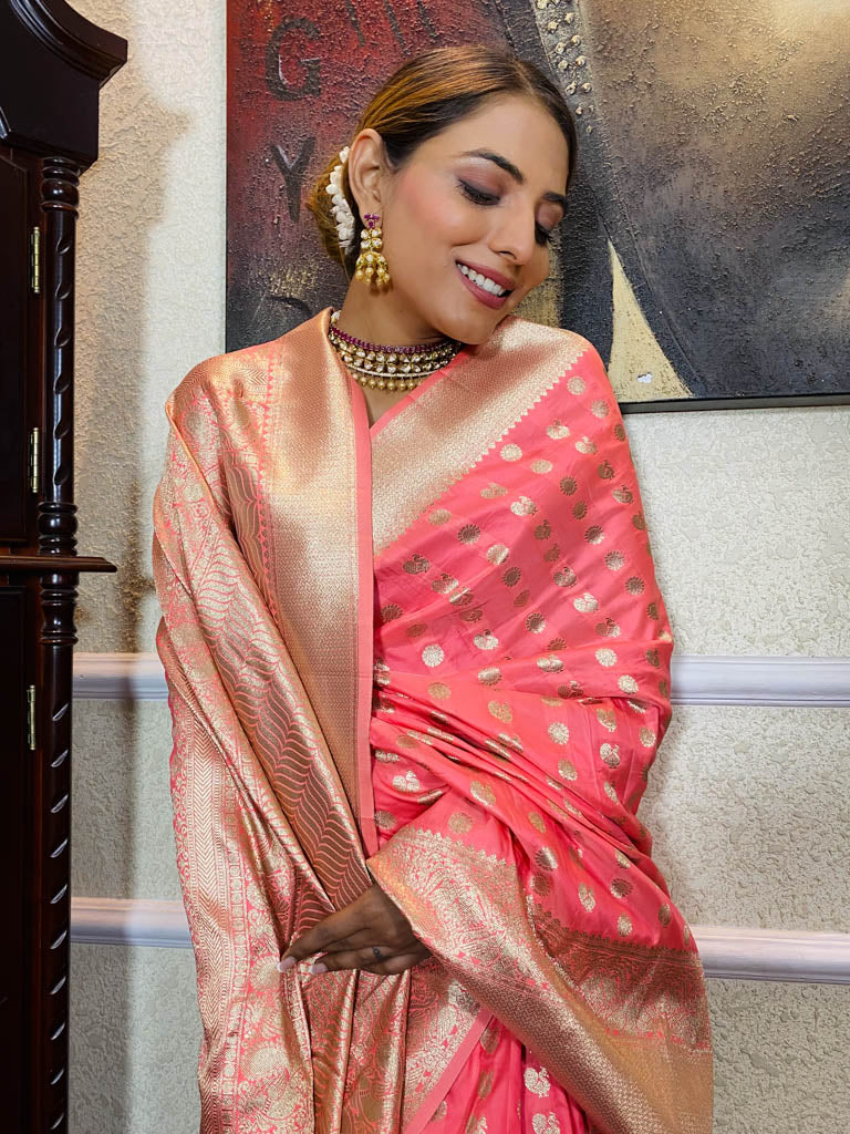 Punch Peach Banarasi Silk Handloom Saree