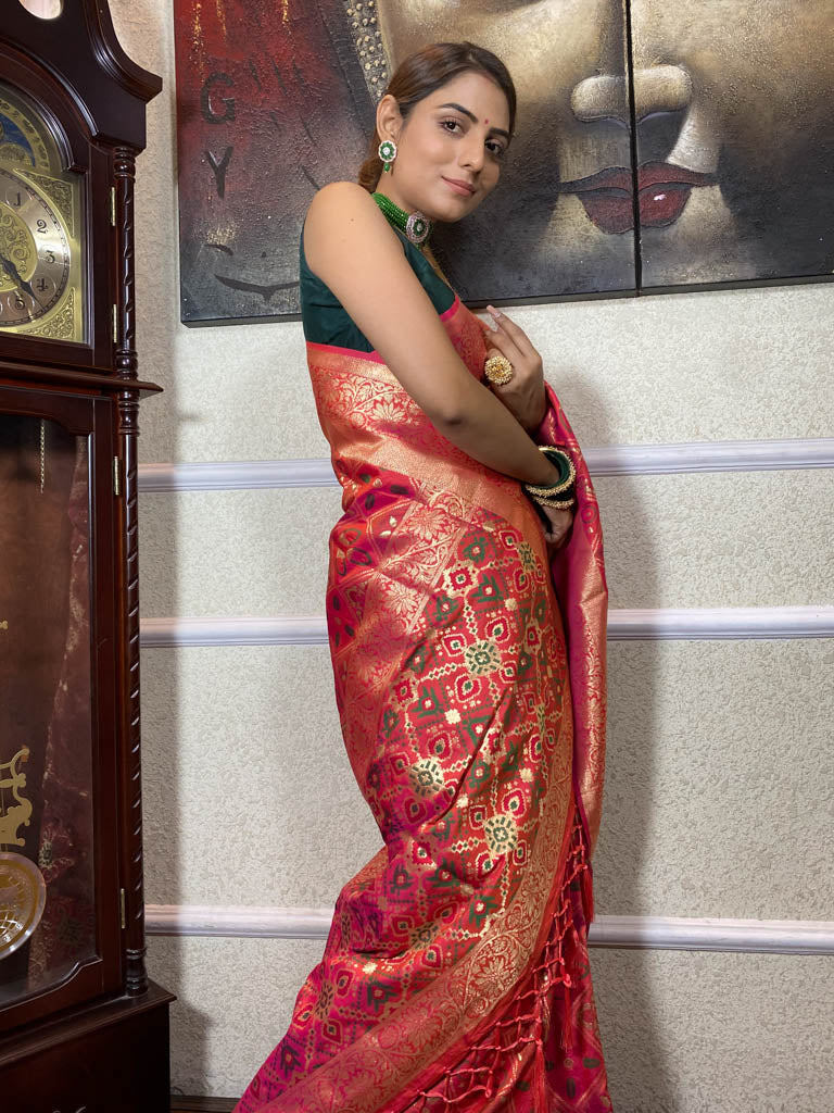 Carrot Red Katan Silk Patola Saree