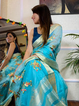 Arctic Blue Organza Silk Saree