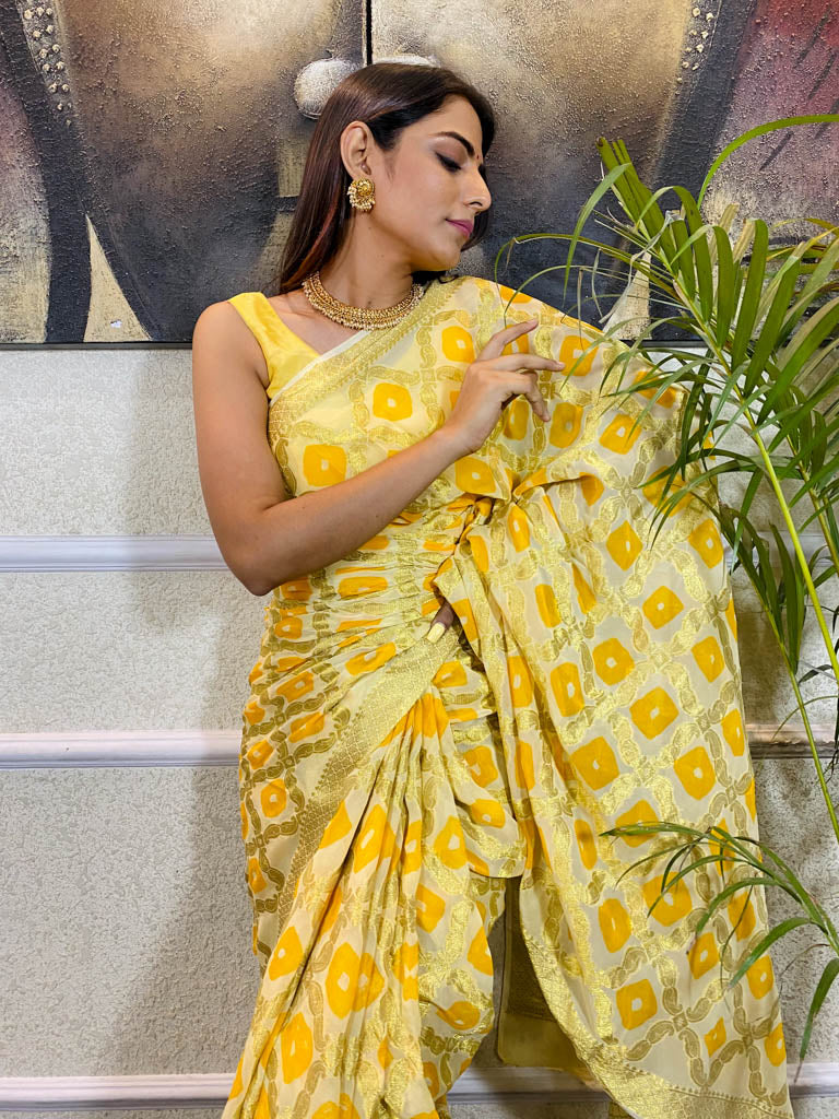 Ivory Yellow Georgette Bandhej Saree