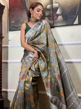 Midnight Grey Kalamkari Handloom Tussar Silk Saree