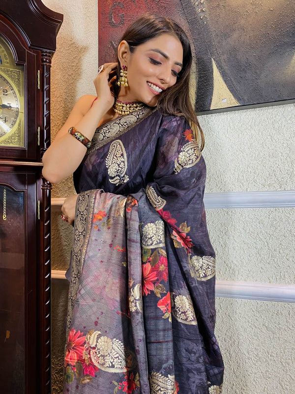 Raisin Grey Designer Banarasi Silk Saree
