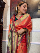 Carrot Orange Katan Silk Banarasi Handloom Saree