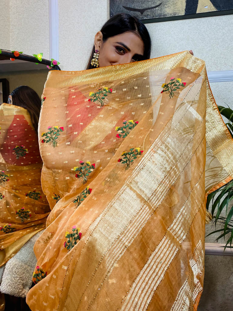 Tangerine Orange Organza Silk Saree