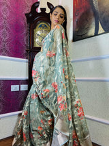 Basil Green Organza Silk Saree