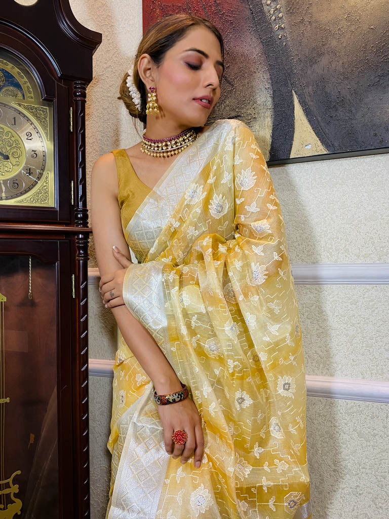 Daffodil Yellow Tissue Linen Saree