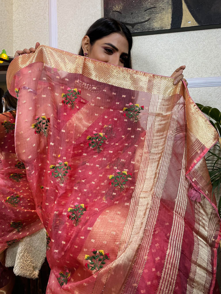 Onion Pink Organza Silk Saree