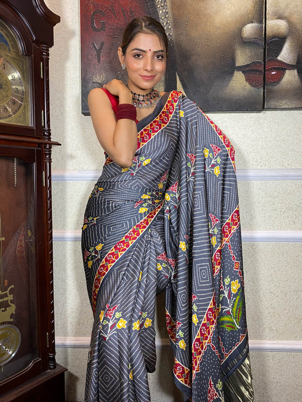 Fossil Grey Mulberry Silk Patola Saree