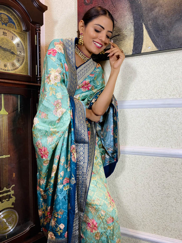 Teal Blue Designer Banarasi Silk Saree